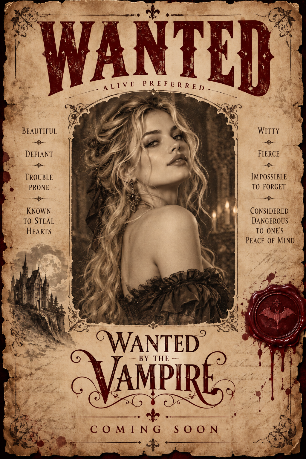 Approved sepia Wanted by the Vampire character teaser poster featuring the blonde heroine