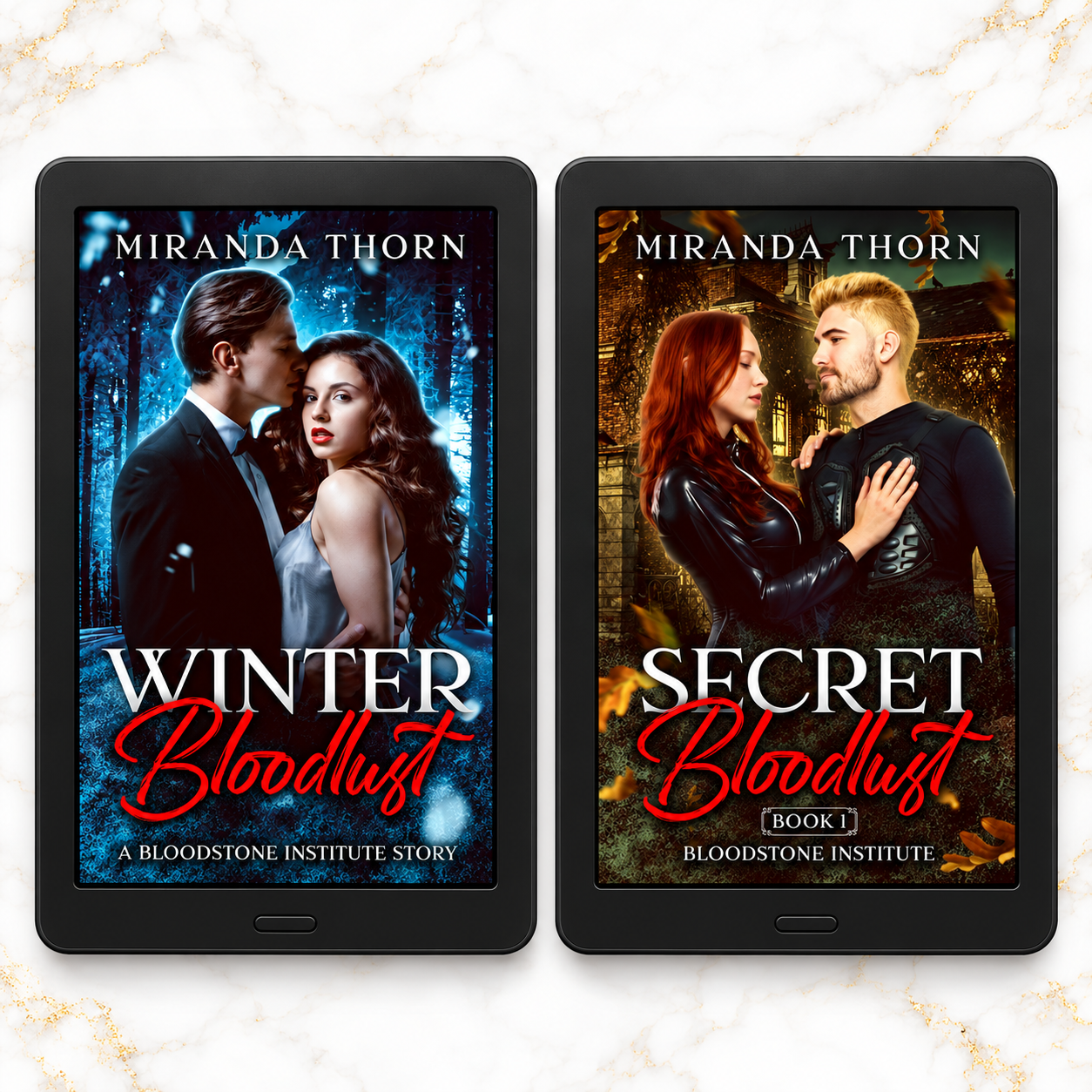 Winter Bloodlust and Secret Bloodlust e-readers on marble