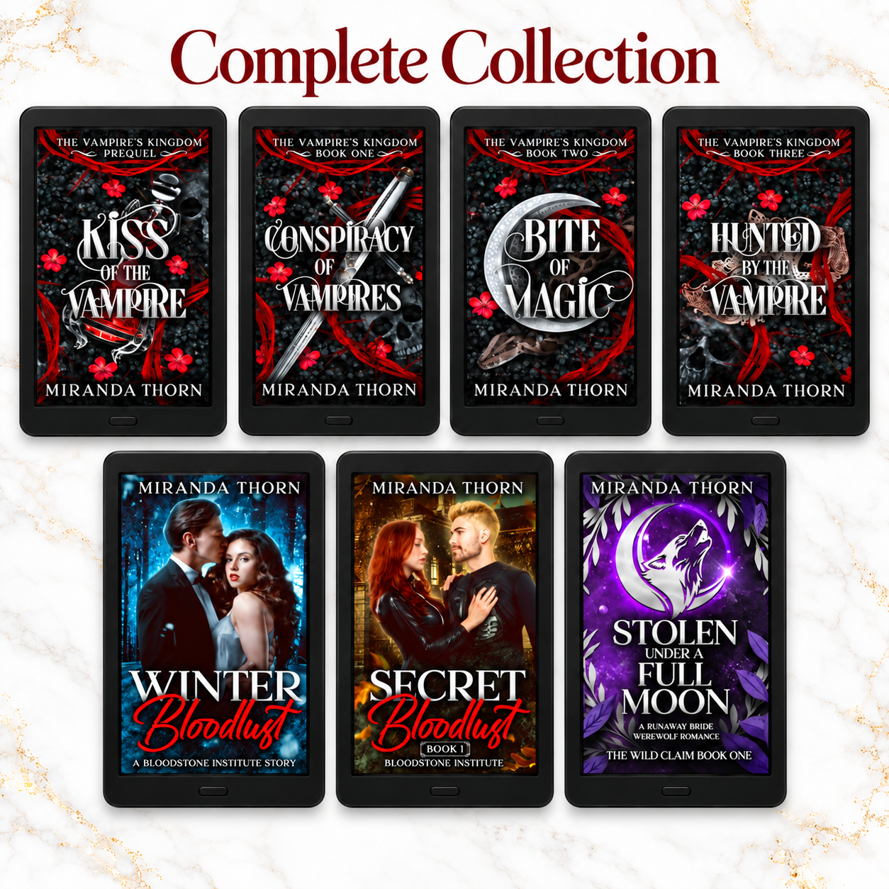 The complete seven-book Miranda Thorn collection in e-readers on marble